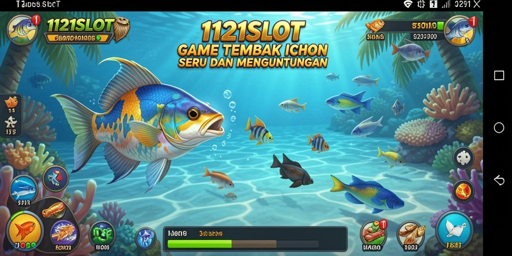 Gameplay seru 1121SLOT saat menembak ikan berwarna-warni.