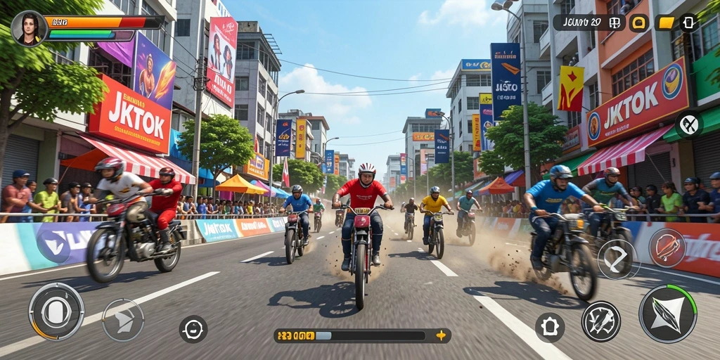 Screenshot gameplay JKTOK menampilkan balapan menegangkan di jalan kota.