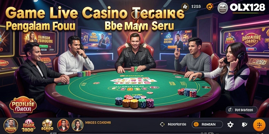 Tangkapan layar gameplay OLX128 menampilkan dealer dan pemain yang berinteraksi dalam suasana kasino.