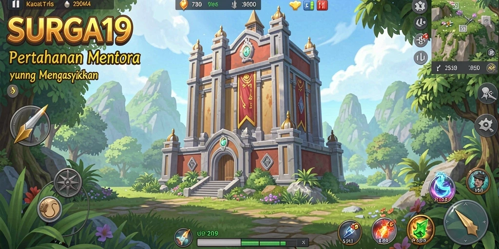 Screenshot gameplay SURGA19 dengan aksi menara pertahanan.